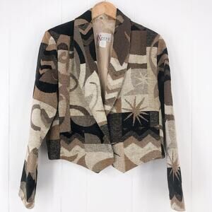 VTG Tapestry Jacket Blazer Chenille Western Boho USA Size Large Brown Neutral